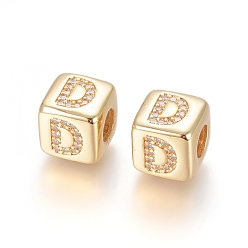 Letter D Brass Micro Pave Cubic Zirconia European Beads, Horizontal Hole, Large Hole Beads, Long-Lasting Plated, Cube with Letter, Golden, Clear, Letter.D, 9x9x9.5mm, Hole: 4.5mm
