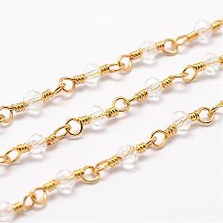 Clear Handmade Glass Beaded Chains, with Spool, Unwelded, Faceted Rondelle, with Brass Findings, Golden, Clear, 4x3mm, about 32.8 Feet(10m)/roll