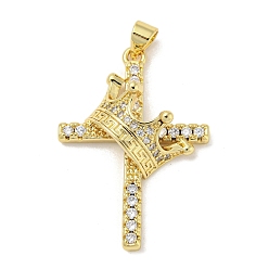 Real 18K Gold Plated Rack Plating Brass Micro Pave Cubic Zirconia Pendants, Long-Lasting Plated, Lead Free & Cadmium Free, Cross with Crown Charms, Religion, Real 18K Gold Plated, 33.5x23.5x8mm, Hole: 5x3mm