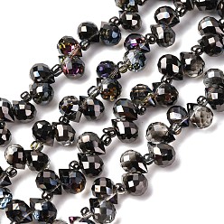 Черный Прозрачные стеклянные бусины гальваническим пряди, граненые, каплевидная капля с просверленным верхом, с полным покрытием цвета радуги, чёрные, 8x6~6.5 мм, отверстие : 0.8 мм, около 95 шт / нитка, 50 см