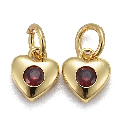 Dark Red Brass Micro Pave Cubic Zirconia Charms, Long-Lasting Plated, Real 18K Gold Plated, Heart, Dark Red, 7.5x7x3mm, Hole: 3mm