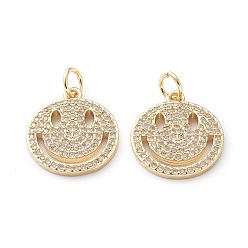 Прозрачный Латунные микропаве прозрачные подвески с фианитом, долговечный, плоско-круглые с улыбкой на лице, реальный 18 k позолоченный, 17x14.5x1.5 мм