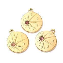 Аметист Ионное покрытие (ip) 316 плоские круглые подвески из нержавеющей стали, солнечные обереги из натурального аметиста, реальный 24 k позолоченный, 21.5x18x4 мм, отверстие : 1.6 мм