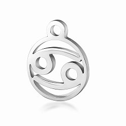Cancer 201 Stainless Steel Charms, Flat Round with Constellation, Stainless Steel Color, Cancer, 13.4x10.8x1mm, Hole: 1.5mm