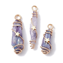 Lilac Electroplated Natural Quartz Crystal Dyed Copper Wire Wrapped Pendants, Teardrop Charms with Brass Star, Golden, Lilac, 28~39x8~12x8mm, Hole: 4mm