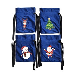 Dark Blue Christmas Theme Velvet Packing Pouches, Drawstring Bags, Rectangle with Deer/Santa Claus/Christmas Tree/Snowman Pattern, Dark Blue, 16.5x12.5cm, 4 style, 1pc/style, 4pcs/set