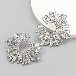 Crystal Shiny Rhinestone Irregular Statement Stud Earrings, Sun Shape Alloy Earrings for Women, Crystal, 58x68mm
