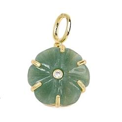 Зеленый Авантюрин Резные подвески из натурального зеленого авантюрина, подвески-цветы с латунными подвесками-паве из прозрачных кубических цирконий, золотые, стойки покрытие, 18.5x16.5x7 мм, отверстие : 6x4 мм