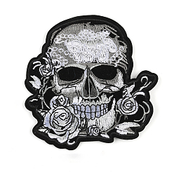 Black Computerized Embroidery Cloth Sew on Patches, Costume Accessories, Skull, Black, 93x90mm