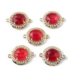 Белый Нефрит Подвески-коннекторы из натурального окрашенного белого нефрита с огранкой, латунные микро-паве прозрачные кубические цирконии плоские круглые драгоценные камни звенья, золотые, стойки покрытие, красные, 21x16x7 мм, отверстие : 1.6 мм