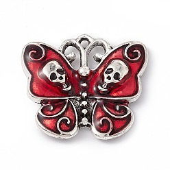 Red Alloy Enamel Pendants, Antique Silver, Butterfly with Skull Charm, Red, 20.5x23x4mm, Hole: 1.2mm