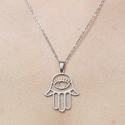 Stainless Steel Color 201 Stainless Steel Hollow Hamsa Hand with Eye Pendant Necklace, Stainless Steel Color, 17.72 inch(45cm)
