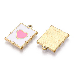 Pearl Pink Vacuum Plating 201 Stainless Steel Enamel Pendants, Real 18K Gold Plated, Rectangle with Heart Charm, Pearl Pink, 20.5x15x2.5mm, Hole: 1.2mm