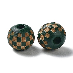 Dark Green Wood Laser Engraved Tartan Beads, Round, Dyed, for DIY Craft, Dark Green, 9.5~10x8.5mm, Hole: 3mm