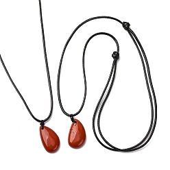 Красный Камень Подвеска-слеза из натуральной красной яшмы, регулируемые ожерелья с черным вощеным шнуром, 14.96~29.53 дюйм (38~75 см)