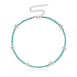 Blue Bohemian Glass Flower Bead Necklace Handmade Vintage Collar Choker Chain