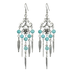 Synthetic Turquoise Synthetic Turquoise Beaded Chandelier Earrings, Alloy Feather Tassel Earrings with 304 Stainless Steel Pins, 102x30mm