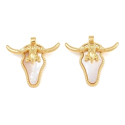 Real 18K Gold Plated 304 Stainless Steel & Natural Freshwater Shell Pendants, Longhorn Bull Charm, Real 18K Gold Plated, 21.5x22.5x4.5mm, Hole: 1.8mm