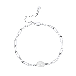 Real Platinum Plated Natural Freshwater Pearls Bead Link Bracelets, with Adjustable Rhodium Plated 925 Sterling Silver Paperchip Chain Bracelets for Women, with S925 Stamp, Real Platinum Plated, 7-1/8 inch(18cm)