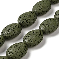 Dark Olive Green Natural Lava Rock Beads Strands, Dyed, Flat Oval, Dark Olive Green, 18~18.5x14x7mm, Hole: 1.2mm, about 21pcs/strand, 15.16''(38.5~39cm)