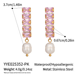 Pink 304 серьги-гвоздики с прямоугольными кисточками из нержавеющей стали, с кубического циркония, реальный 18 k позолоченный, розовые, 37x6.7 мм