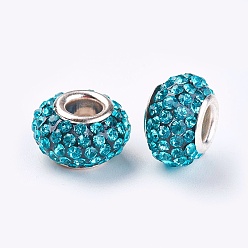 Aquamarine Grade A Rhinestone European Beads, Large Hole Beads, Resin, with Silver Color Plated Brass Core, Rondelle, Aquamarine, 15x10mm, Hole: 5mm