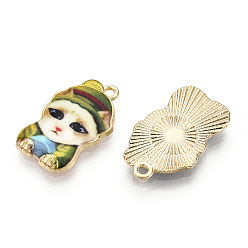 Olive Drab Printed Light Gold Tone Alloy Pendants,Carton Cat with Cap Charms, Olive Drab, 22.5x14x2.5mm, Hole: 1.6mm