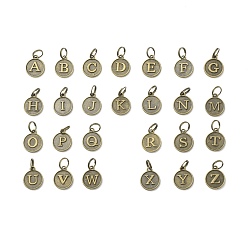 Letter A~Z Alloy Pendants, with Brass Split Rings, Antique Bronze, Flat Round, Letter A~Z, 14x12x2mm, Ring: 7x0.5mm, 6mm Inner Diameter, 26pcs/set