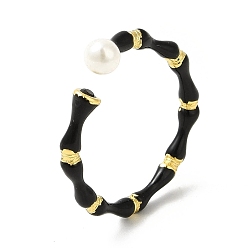 Real 18K Gold Plated Black Enamel Bamboo Joint Open Cuff Ring with ABS Plastic Pearl Beaded, Brass Jewelry for Women, Cadmium Free & Nickel Free & Lead Free, Real 18K Gold Plated, US Size 8(18.1mm)