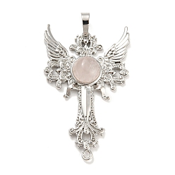 Rose Quartz Natural Rose Quartz Big Pendants, Cross with Wing Charms, with Platinum Plated Brass Findings, 52.5x32x7~7.5mm, Hole: 4x8mm & 2mm