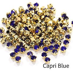 Capri Blue Flat Round Sew on Rhinestone, Glass Crystal Rhinestone, Multi-Strand Links, with Brass Prong Setting, Capri Blue, 4mm, about 1440pcs/bag