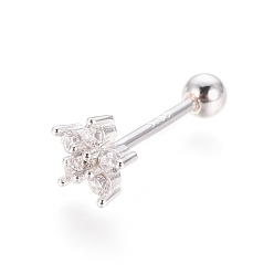 Platinum Rhodium Plated 925 Sterling Silver Barbell Cartilage Earrings, Screw Back Earrings, with Micro Pave Clear Cubic Zirconia, with 925 Stamp, Flower, Platinum, 5.5x6x3mm, Pin: 0.8mm