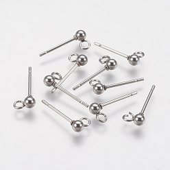 Stainless Steel Color 202 Stainless Steel Ball Stud Earring Findings, with 304 Stainless Steel Pins and Loop, Round, Stainless Steel Color, 14mm, Hole: 2mm, Pin: 0.7mm