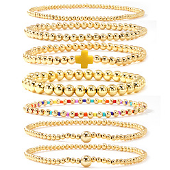 Золотистый 7 шт. латунные круглые браслеты с бусинами для женщин, с пластиковыми крестообразными бусинами, золотые, золотые, 6.50 дюйм (16.5 см) ~ 6.89 дюйм (17.5 см)