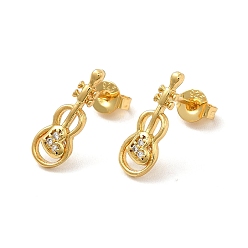 Настоящее золото 18K Серьги-гвоздики со скрипками из латуни с микропаве из прозрачного кубического циркония, долговечный, без свинца и без кадмия, реальный 18 k позолоченный, 15.5x5.5 мм, штифты : 0.7 мм