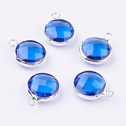 Royal Blue Silver Color Plated Brass Glass Flat Round Charms, Faceted, Royal Blue, 12x8.5x3mm, Hole: 1.5mm