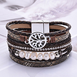 Brown style Bohemian Style Multi-Layer Leather Woven Beaded Bracelet with Tree of Life Freshwater Pearl Magnetic Clasp