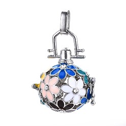 Colorful Rack Plating Brass Cage Pendants, For Chime Ball Pendant Necklaces Making, with Enamel and Rhinestone, Hollow Round with Flower, Platinum, Colorful, 26.5x25x21mm, Hole: 3x8mm, Inner Measure: 17mm