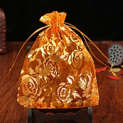 Orange Organza Drawstring Jewelry Pouches, Wedding Party Gift Bags, Rectangle with Gold Stamping Flower Pattern, Orange, 9x7cm