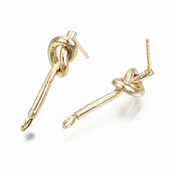 Real 18K Gold Plated Brass Stud Earring Findings, with Loop, Nickel Free, Knot, Real 18K Gold Plated, 23x6.5mm, Hole: 2.5mm, Pin: 0.7mm