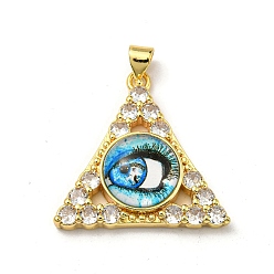 Light Sky Blue Real 18K Gold Plated Brass Pendants, with Glass and Acrylic, Triangle With Evil Eye Charms, Light Sky Blue, 27x28x7mm, Hole: 4x3.5mm