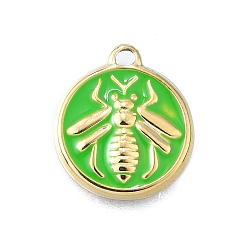 Зеленый лайм 304 прелести нержавеющей стали, настоящее 14k позолоченное плоское круглое с пчелой, с эмалью, ионное покрытие (ip), зеленый лайм, 14.5x12.5x2 мм, отверстие : 1.4 мм
