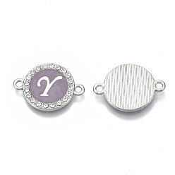 Letter Y Alloy Enamel Links Connectors, with Crystal Rhinestones, Flat Round with Letter, Silver Color Plated, Letter.Y, 22x16x2mm, Hole: 1.8mm