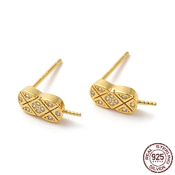 Real 18K Gold Plated 925 Sterling Silver Micro Pave Cubic Zirconia Stud Earring Findings, for Half Drilled Beads, Oval, with S925 Stamp, Real 18K Gold Plated, 12x4.5mm, Pin: 0.9mm and 11x0.9mm
