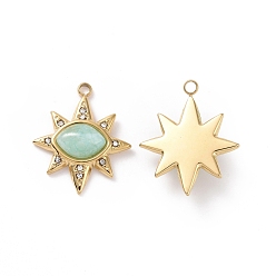 Amazonite Natural Amazonite Pendants, with Ion Plating(IP) Real 18K Gold Plated 304 Stainless Steel Micro Pave Cubic Zirconia Findings, Star Charm, 22x18.5x5mm, Hole: 1.8mm