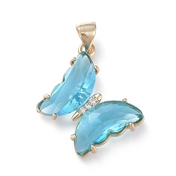 Sky Blue Brass Micro Pave Clear Cubic Zirconia Pendants, with Glass, Butterfly, Golden, Sky Blue, 24x21.5x4mm
