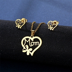 Heart Mother's Day Jewelry Set, Golden Stainless Steel Pendant Necklace and Stud Earrings, Heart, 17.72 inch(45cm)