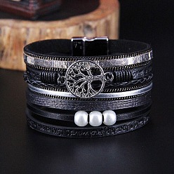 black Bohemian Style Handmade Braided Hollow Tree Bracelet - Multilayer European and American Leather Bracelet.