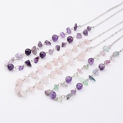 Mixed Color Gemstone Beaded Necklaces, with 304 Stainless Steel Lobster Claw Clasps, Mixed Color, 19.3 inch