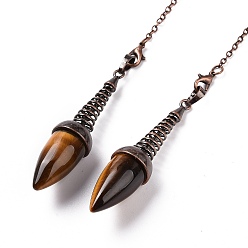 Tiger Eye Natural Tiger Eye Dowsing Pendulums, with Red Copper Plated Brass Chains, Egg Charm, 250~255mm, Hole: 2mm
